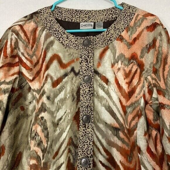 Chico's Jacket with Pockets, NWOT, Lined, Tan with Multicolor Animal Print, XL - Picture 3 of 9